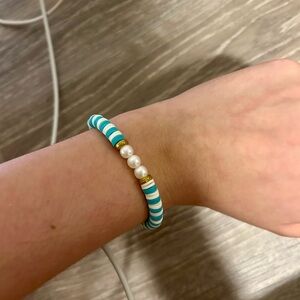 Turquoise Striped Bead Bracelet with Pearl Accents